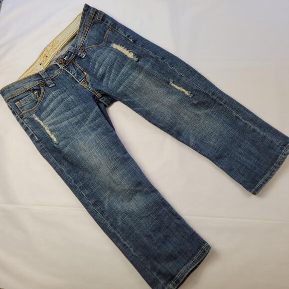 Pepe Capri Jeans Low Rise Topaz Stone Embellished Pockets size 27 Distressed - Picture 2 of 12